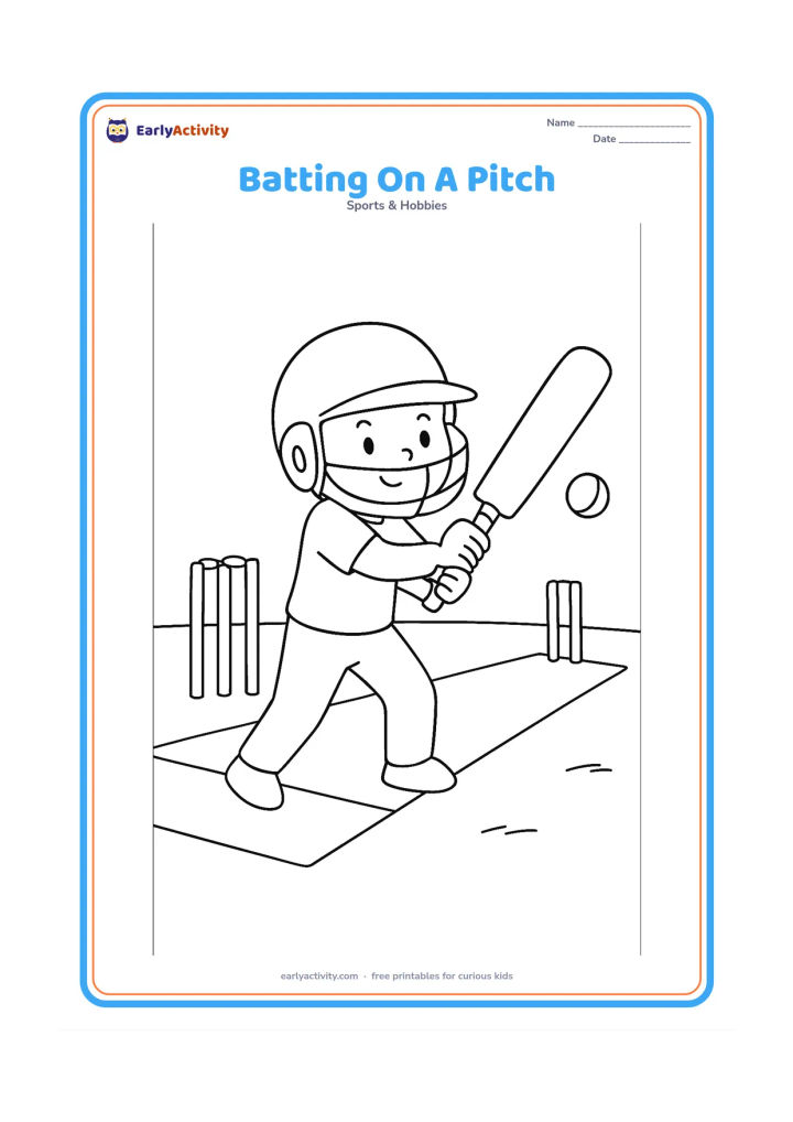 Colouring page: A child batter in a helmet swinging a bat toward a ball, with wickets at both ends of a rectangular cricket pitch. Add a few simple field lines.