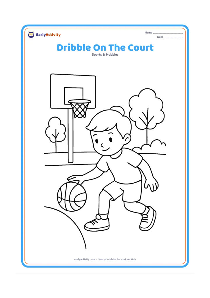 Colouring page: A young player bends slightly while dribbling a basketball with one hand on an outdoor court. Show a hoop, backboard, one boundary line, and a few simple trees.