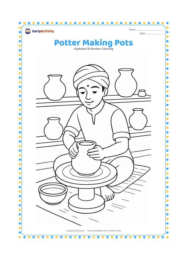 Colouring page: Draw an Indian potter shaping a round clay pot on a wheel, with finished pots on a shelf and a water bowl nearby. Include a simple workshop wall and floor mat.