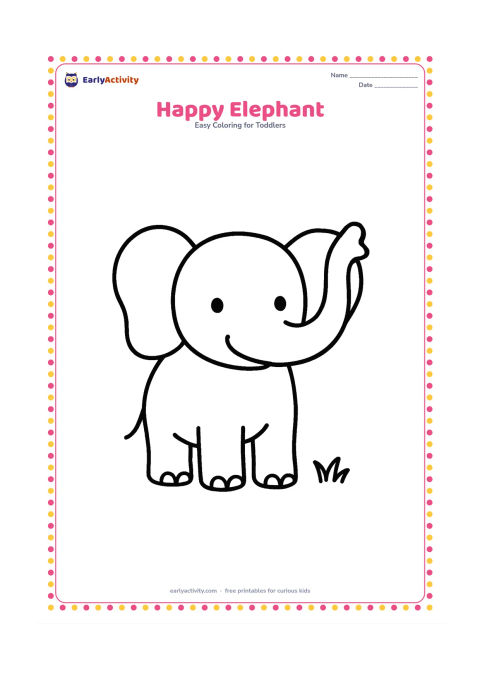 Colouring page: Draw one friendly elephant standing with its trunk raised, large ears, short legs and a tiny tuft of grass beneath it. Keep the elephant as the large central shape with no background…