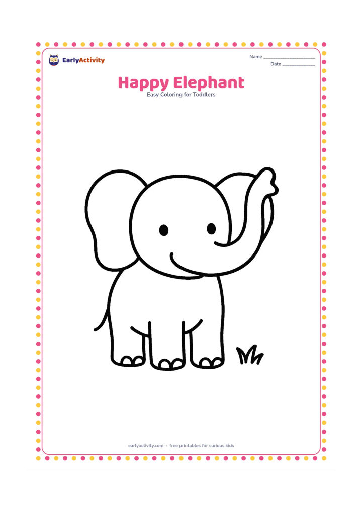 Colouring page: Draw one friendly elephant standing with its trunk raised, large ears, short legs and a tiny tuft of grass beneath it. Keep the elephant as the large central shape with no background…