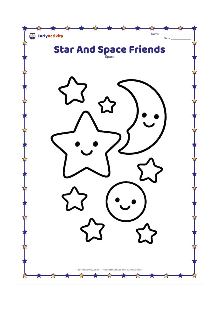 Colouring page: A large smiling five-pointed star floats beside a crescent Moon and a small round planet, with several large stars around them. Use friendly faces with simple eyes and smiles only.