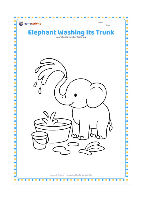 Colouring page: Draw an elephant spraying a gentle arc of water from its trunk into a low tub. Add a bucket, a leafy plant and a few puddle shapes around its feet.