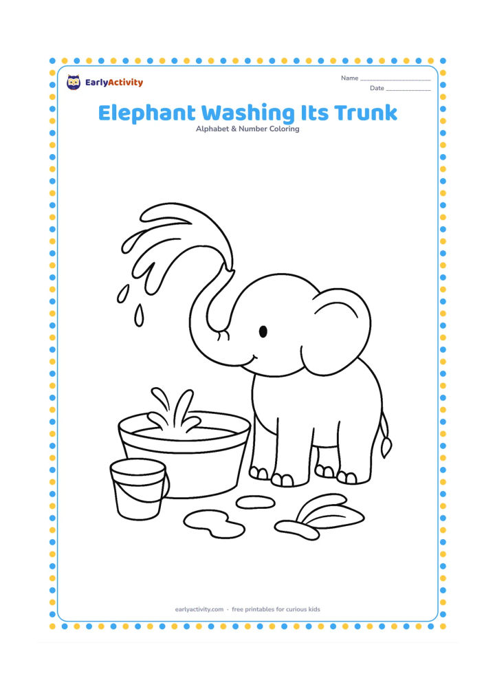 Colouring page: Draw an elephant spraying a gentle arc of water from its trunk into a low tub. Add a bucket, a leafy plant and a few puddle shapes around its feet.