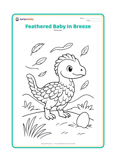 Colouring page: Draw a young dinosaur with a feathered covering standing on a ridge as leaves and a few loose feathers blow gently past. Add distant hills, grasses and a small egg behind it.