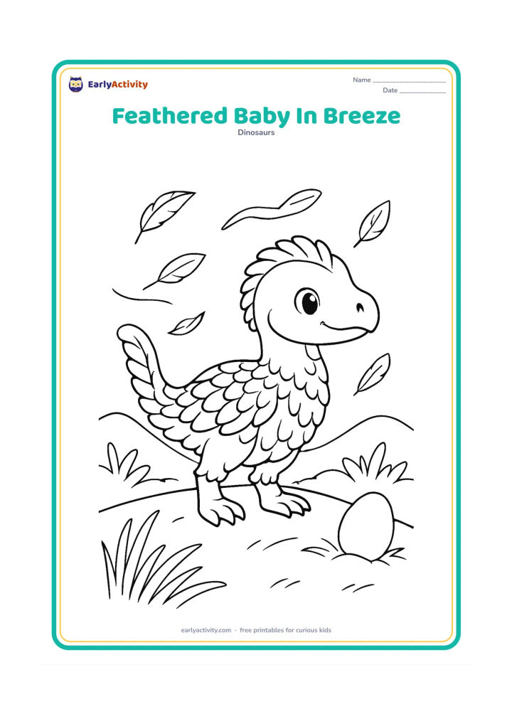 Colouring page: Draw a young dinosaur with a feathered covering standing on a ridge as leaves and a few loose feathers blow gently past. Add distant hills, grasses and a small egg behind it.