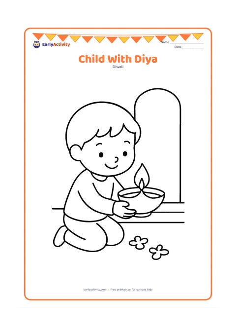 Colouring page: A smiling child kneels carefully and holds one large diya with both hands. Add a simple doorstep, two flower petals, and a plain wall behind the child.