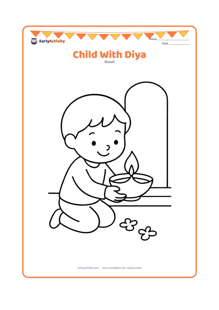 Colouring page: A smiling child kneels carefully and holds one large diya with both hands. Add a simple doorstep, two flower petals, and a plain wall behind the child.