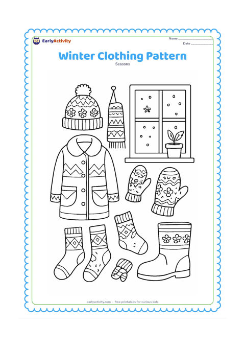 Colouring page: A neatly arranged collection of a coat, woollen cap, scarf, mittens, socks and boots hangs and rests beside a small snowy window. Add broad geometric and floral patterns to the fabrics,…