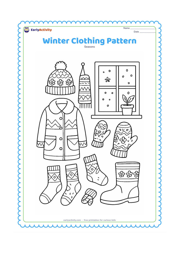 Colouring page: A neatly arranged collection of a coat, woollen cap, scarf, mittens, socks and boots hangs and rests beside a small snowy window. Add broad geometric and floral patterns to the fabrics,…