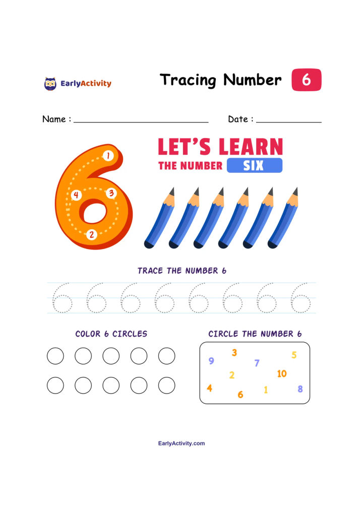 Worksheet showing a large number 6, dotted number 6s to trace, circles to colour, and a number grid for finding 6.