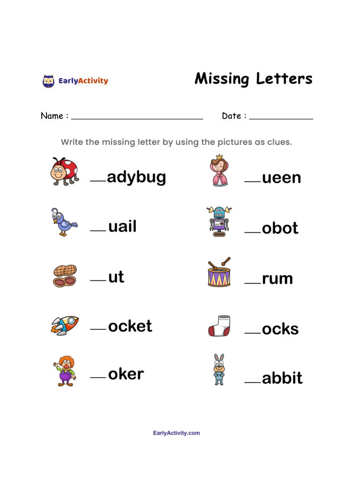 Worksheet with picture clues for ladybug, queen, quail, robot, nut, drum, rocket, socks, joker and rabbit. Children write the missing first letter.