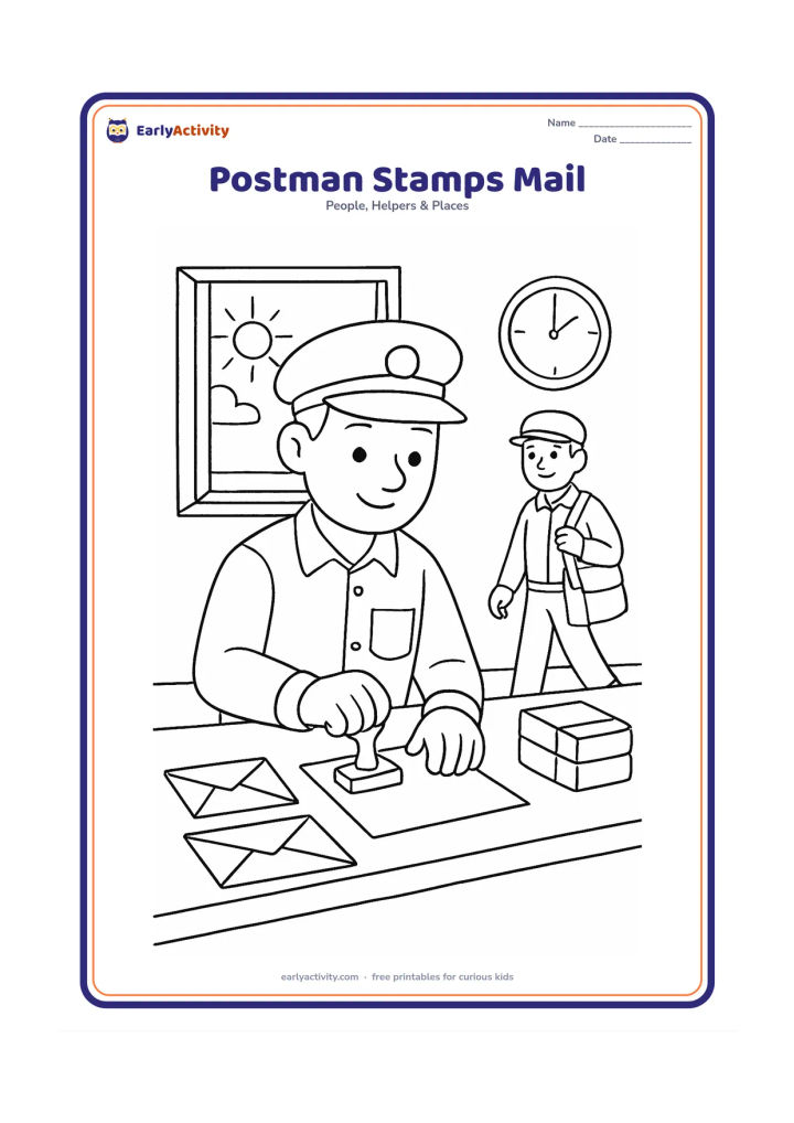 Colouring page: Draw a postman standing at a post-office counter pressing a hand stamp onto a plain envelope, with several blank envelopes and a small stack of parcels nearby. Show an open window with…