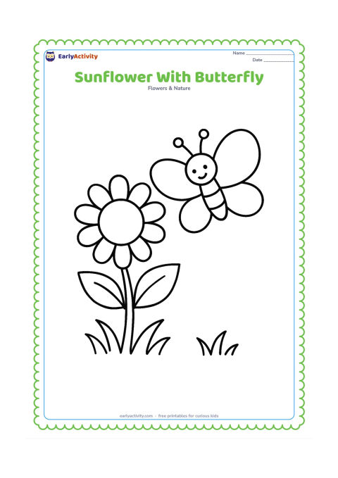 Colouring page: A single open sunflower grows beside a large butterfly with rounded wings. Add two simple leaves and a few small grass curves around their bases.
