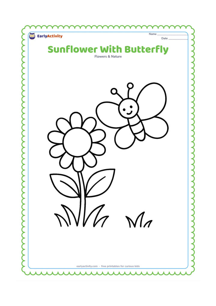 Colouring page: A single open sunflower grows beside a large butterfly with rounded wings. Add two simple leaves and a few small grass curves around their bases.