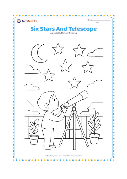 Colouring page: Draw six large stars in a clear night sky above a child using a telescope on a terrace. Add a crescent moon, distant rooftops, potted plants, a railing and a few wispy clouds.