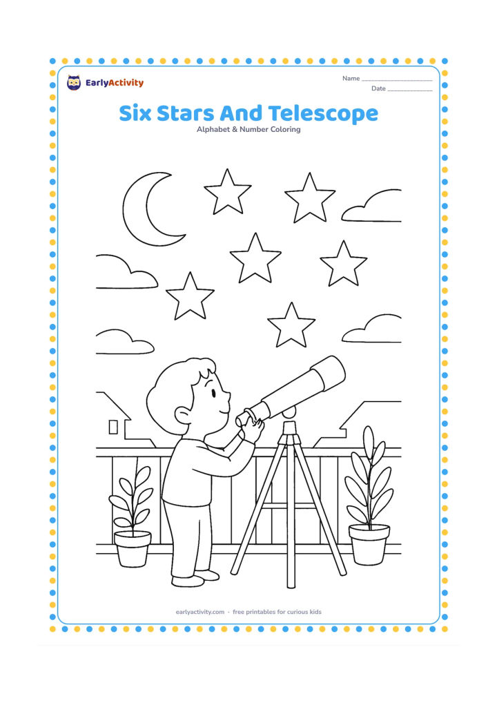 Colouring page: Draw six large stars in a clear night sky above a child using a telescope on a terrace. Add a crescent moon, distant rooftops, potted plants, a railing and a few wispy clouds.