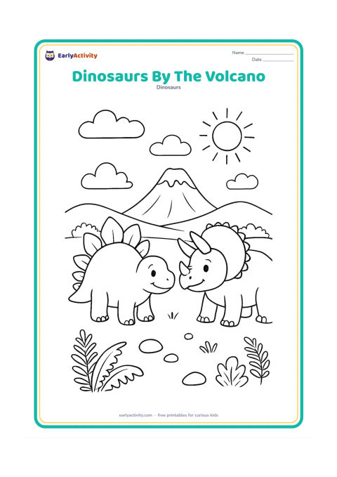 Colouring page: Draw a smiling Stegosaurus and Triceratops standing safely in a valley with a distant quiet volcano. Add rounded clouds, a sun, rocks and a few fern plants; show no smoke or danger.