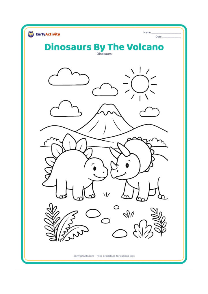 Colouring page: Draw a smiling Stegosaurus and Triceratops standing safely in a valley with a distant quiet volcano. Add rounded clouds, a sun, rocks and a few fern plants; show no smoke or danger.