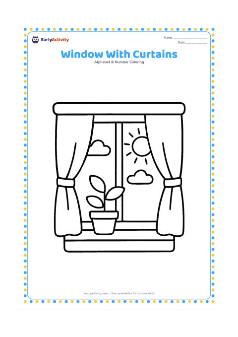 Colouring page: Draw a large open window with two curtains, a simple potted plant on the sill, and a sunny sky visible outside. Use broad rectangles and rounded curtain shapes.