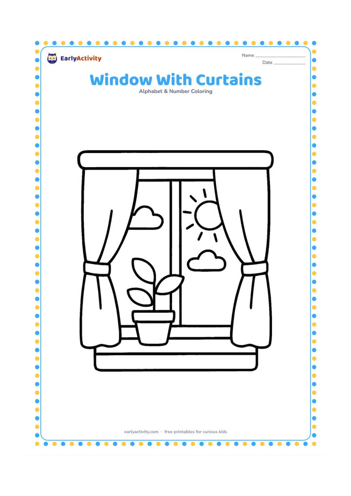 Colouring page: Draw a large open window with two curtains, a simple potted plant on the sill, and a sunny sky visible outside. Use broad rectangles and rounded curtain shapes.