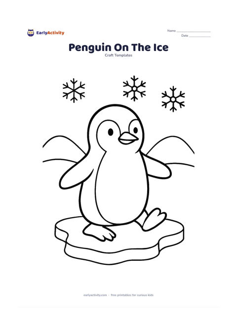 Worksheet: Draw a standing penguin sliding one foot forward on an ice floe, with a rounded white belly, flippers and a clear beak. Add two simple snow hills and three large snowflake-like shapes…