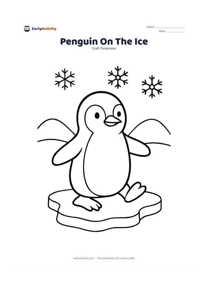 Worksheet: Draw a standing penguin sliding one foot forward on an ice floe, with a rounded white belly, flippers and a clear beak. Add two simple snow hills and three large snowflake-like shapes…