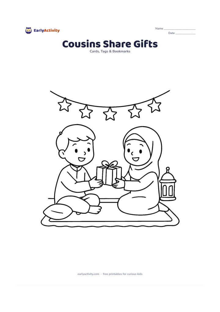 Worksheet: Two children sitting on a floor mat exchange wrapped Eid gifts, with a small cushion, star garland, and lantern around them. Leave the upper area open for a written greeting.