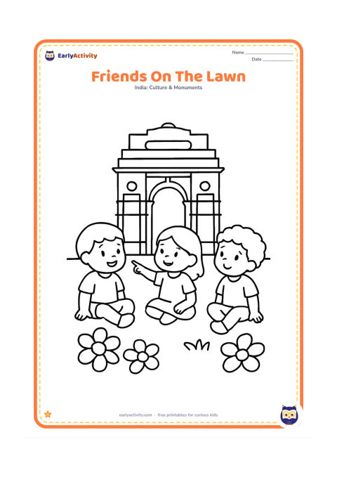 Colouring page: Draw three children sitting on a simple lawn in front of India Gate, with one child pointing toward the arch. Add a few large flowers near the foreground.