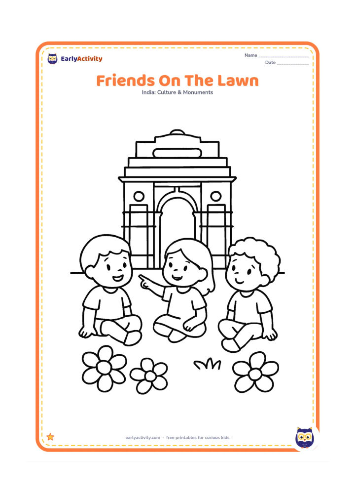 Colouring page: Draw three children sitting on a simple lawn in front of India Gate, with one child pointing toward the arch. Add a few large flowers near the foreground.