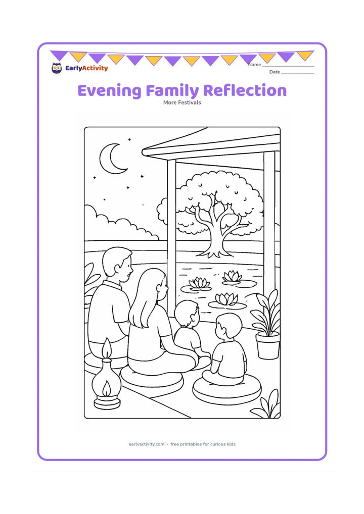 Colouring page: A family sits on a veranda at evening, quietly looking toward a lotus pond and a distant Bodhi tree beneath a crescent moon. Include an oil lamp, floor cushions and potted plants.