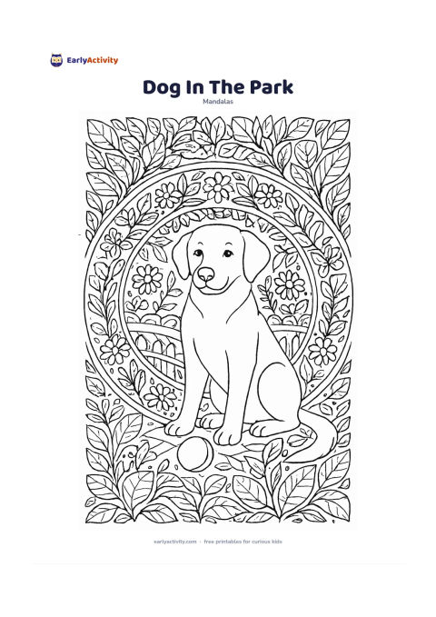 Colouring page: Place a friendly seated dog at the centre with a simple ball near its front paws. Surround it with concentric rings of park leaves, daisies, curved paths, fence shapes, butterflies, and…