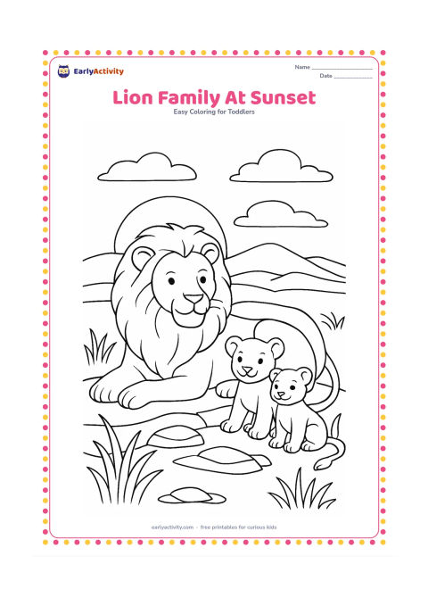Colouring page: Draw an adult lion resting beside two cubs on a rocky savanna ridge as the sun sets behind distant hills. Add several large grasses, a few flat rocks and a wide sky.