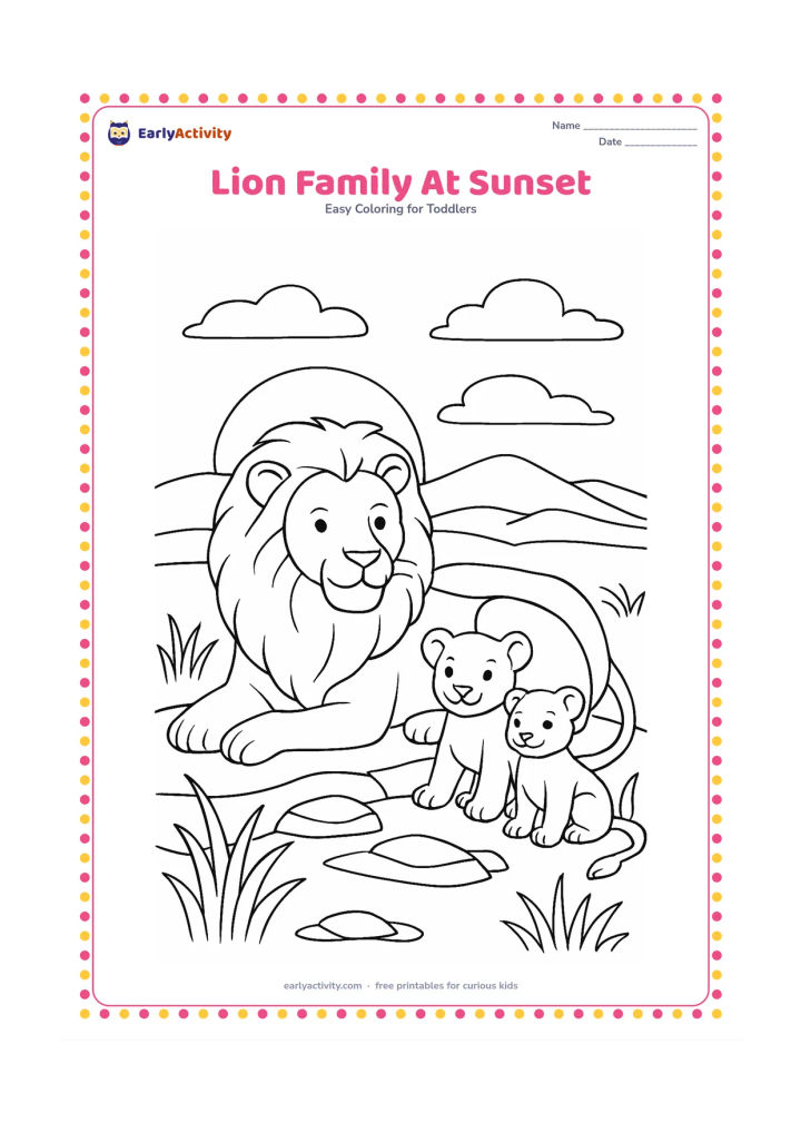 Colouring page: Draw an adult lion resting beside two cubs on a rocky savanna ridge as the sun sets behind distant hills. Add several large grasses, a few flat rocks and a wide sky.