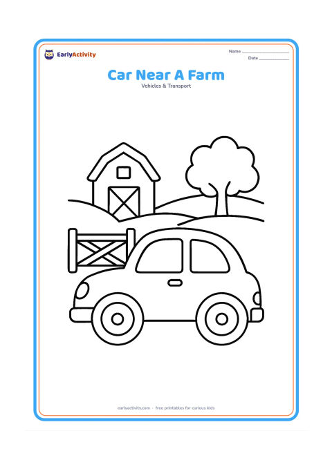 Colouring page: Draw a compact car stopped beside a simple farm gate, with a barn, one tree and a curved hill in the background. Keep the car prominent in the foreground.