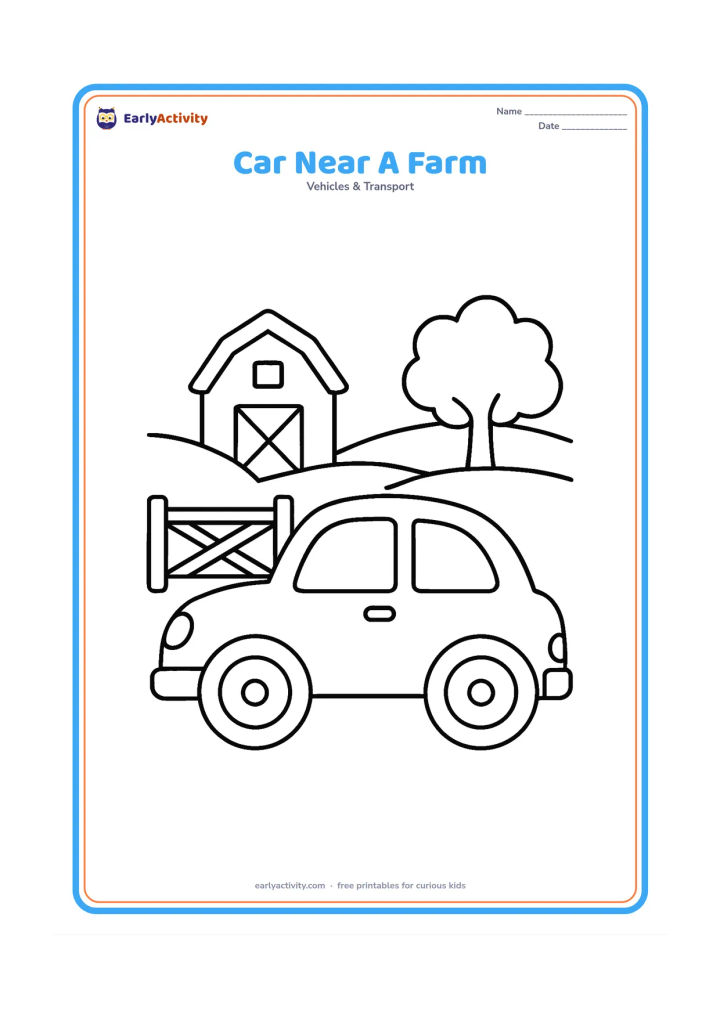 Colouring page: Draw a compact car stopped beside a simple farm gate, with a barn, one tree and a curved hill in the background. Keep the car prominent in the foreground.
