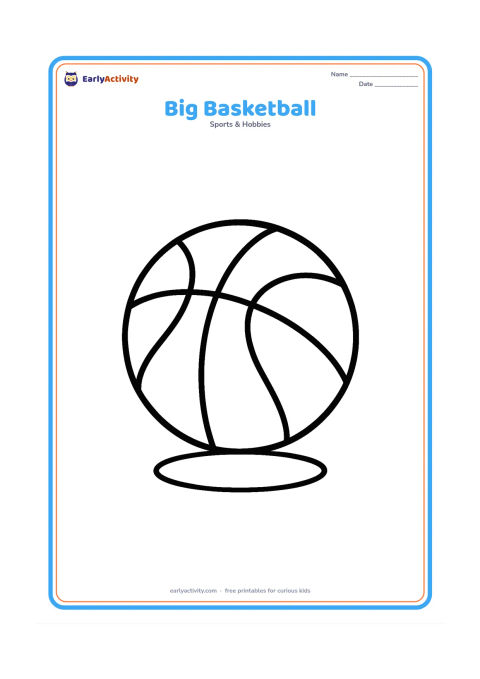 Colouring page: A single large basketball centered on the page, with curved panel lines and a small ground shadow. Leave generous open space around the ball.