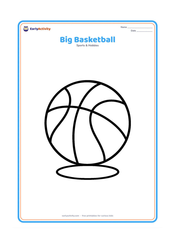 Colouring page: A single large basketball centered on the page, with curved panel lines and a small ground shadow. Leave generous open space around the ball.