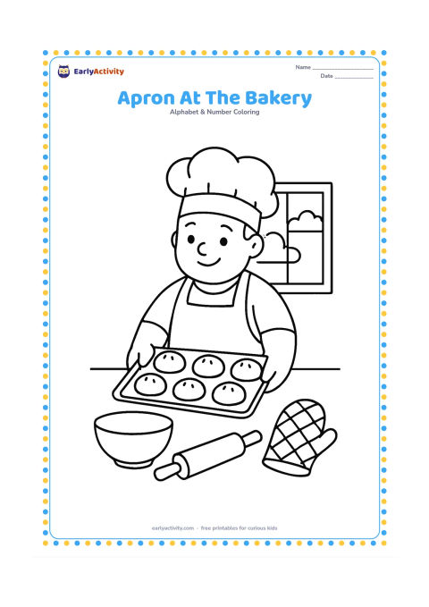 Colouring page: Draw a smiling baker wearing a plain apron and placing a tray of round buns on a counter. Add a mixing bowl, rolling pin, oven mitt, and a window with a few clouds outside.