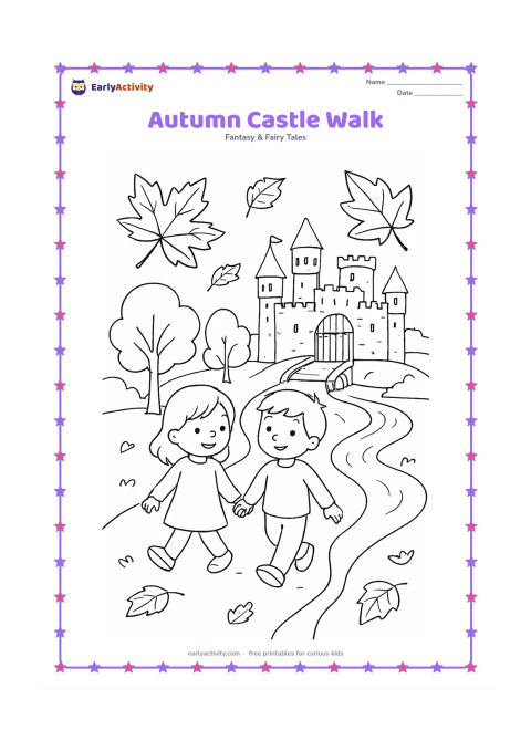 Colouring page: Draw two friends walking beneath falling autumn leaves on a path toward a stone castle with a raised drawbridge. Include a stream, rounded trees, towers, and a few leaves on the ground.