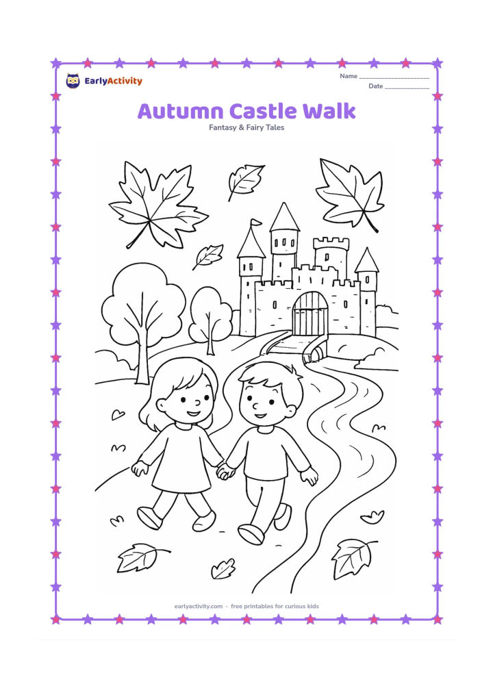 Colouring page: Draw two friends walking beneath falling autumn leaves on a path toward a stone castle with a raised drawbridge. Include a stream, rounded trees, towers, and a few leaves on the ground.