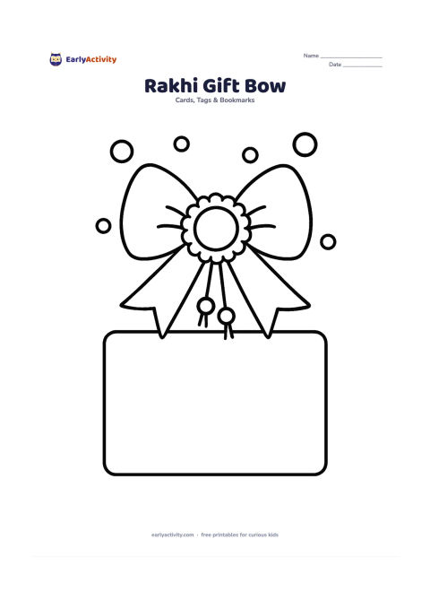 Worksheet: Draw a very large decorative bow with a round rakhi centre and two short hanging threads, placed above a blank card panel. Add only a few big confetti circles around the bow.