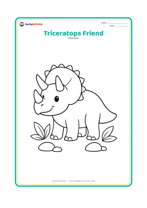 Colouring page: A cheerful Triceratops stands in side view with three clear horns and a large frill. Add a few broad leaves and smooth stones near its feet.