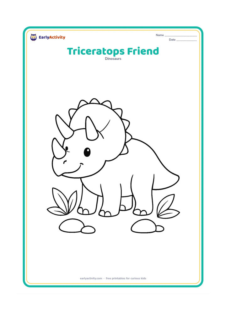 Colouring page: A cheerful Triceratops stands in side view with three clear horns and a large frill. Add a few broad leaves and smooth stones near its feet.