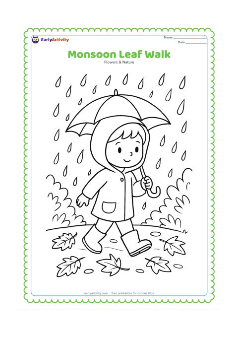 Colouring page: A child in simple rainwear walks along a leafy path during a monsoon shower, holding a small umbrella while wet leaves rest on the ground.
