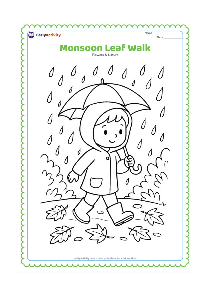 Colouring page: A child in simple rainwear walks along a leafy path during a monsoon shower, holding a small umbrella while wet leaves rest on the ground.