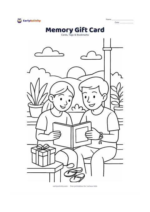 Worksheet: Show two older children sitting on a veranda looking through a small memory album beside a rakhi gift box, with a tied rakhi on one child's wrist, family plants, slippers, and a warm…