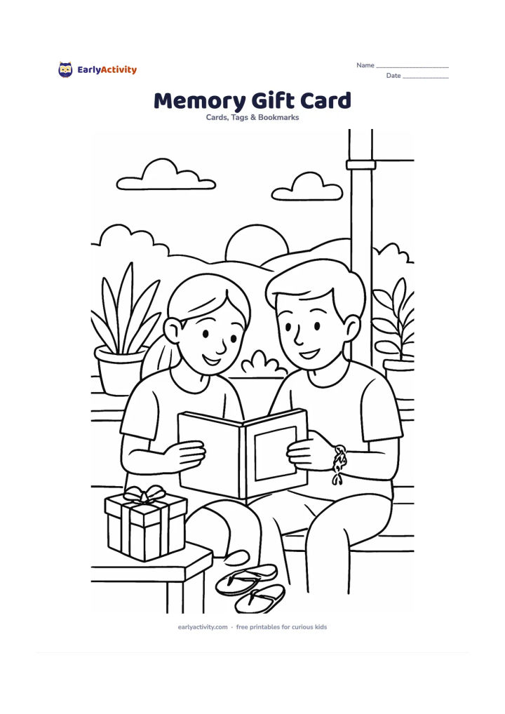 Worksheet: Show two older children sitting on a veranda looking through a small memory album beside a rakhi gift box, with a tied rakhi on one child's wrist, family plants, slippers, and a warm…