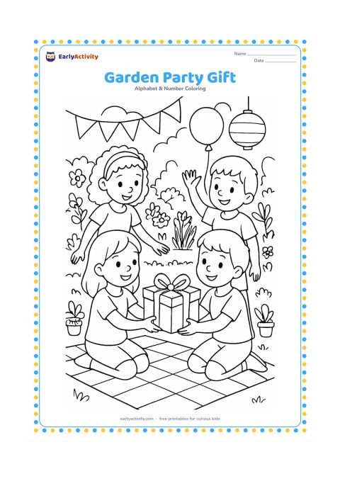 Colouring page: Children share a wrapped gift at a daytime garden gathering with a picnic cloth, flower beds, potted plants, and a few hanging decorations. Keep all decorations plain and unlettered.