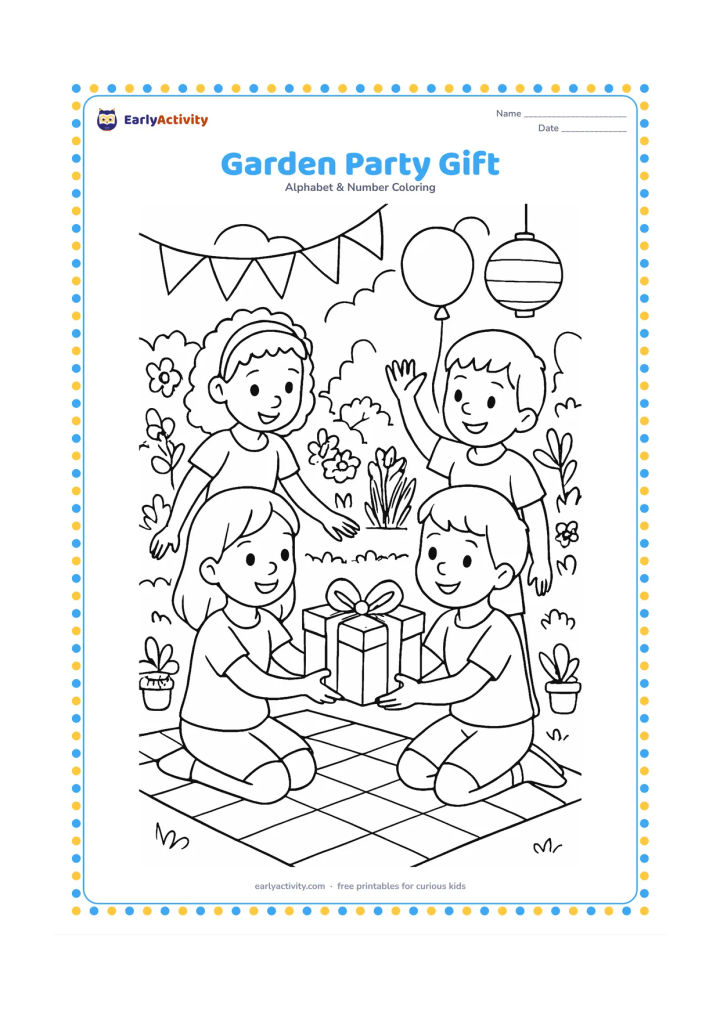 Colouring page: Children share a wrapped gift at a daytime garden gathering with a picnic cloth, flower beds, potted plants, and a few hanging decorations. Keep all decorations plain and unlettered.